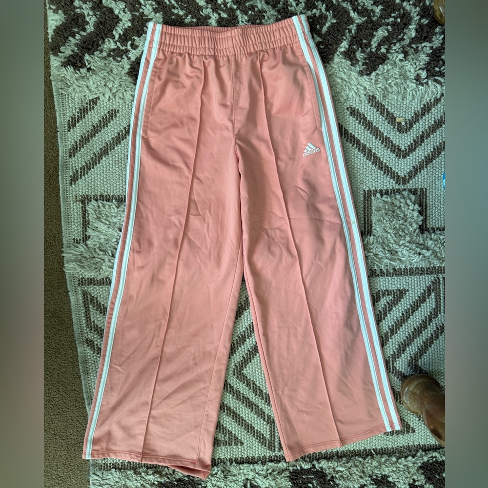 Girls wide leg Adidas Pink and White Sweatpants for Casual Comfort